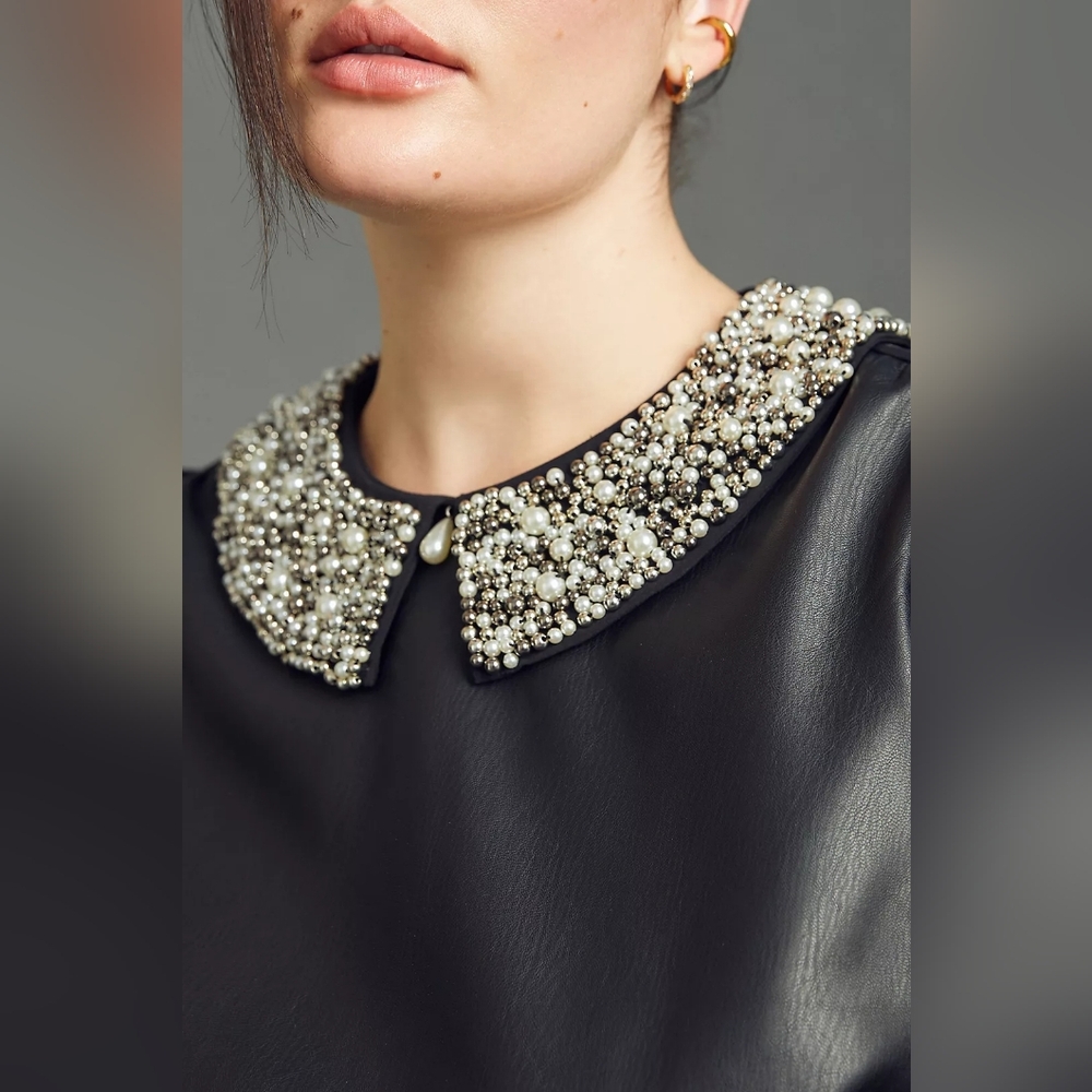 Anthropologie Maeve Faux Leather Puff-Sleeve Blouse - Picture 5 of 10